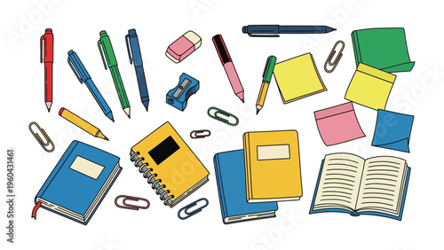 Stationery Items: A vibrant assortment of essential stationery items, perfect for academic pursuits and creative endeavors. A colorful arrangement of pens, notebooks, and other school supplies awaits.