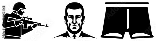 Minimalist black vector of a sniper, businessman, and boxer briefs. Stylized flat silhouettes with white. Isolated graphic elements for UI or branding.