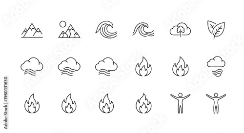 Minimalist nature and weather icons with line art human figures