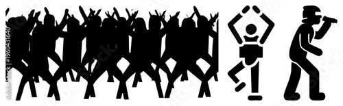 Black silhouette vector graphic of concertgoers dancing, crowd, festival attendees, music fans, stage, night event, live performance.