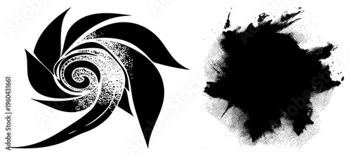 Abstract black spiral with halftone gradient, ink blot splatter texture, graphic design elements, vector art, stylized motion, artistic motifs.