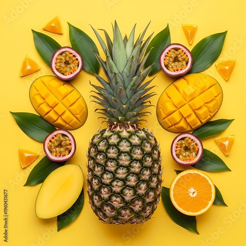 Vibrant tropical fruit arrangement with pineapple, mango, and passionfruit on yellow
