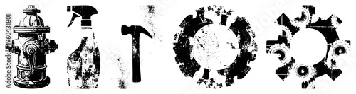 Fire hydrant, spray bottle, hammer, gear with gritty texture, mechanical symbols, utility tools, vector graphic, design.