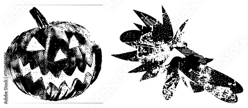 Halloween jack o lantern with triangular eyes and jagged grin, alongside a menacing bat silhouette with textured wings, both rendered in distressed halftone vector art.