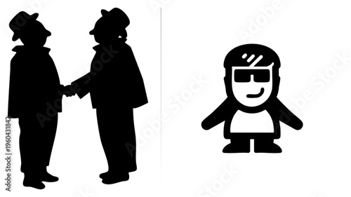 Black silhouette of two people shaking hands wearing hats, stylized cartoon character with sunglasses, flat vector design, isolated figures, business or agreement concept.
