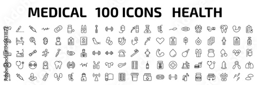 medical outline icon set. 100 linear vector for ui, web and mobile. thin line uterus, surgery, injection and more icons.