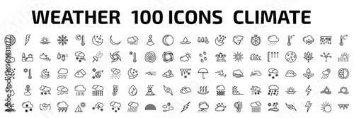 weather outline icon set. 100 linear vector for ui, web and mobile. thin line first quarter, lightning, sunrise and more icons.