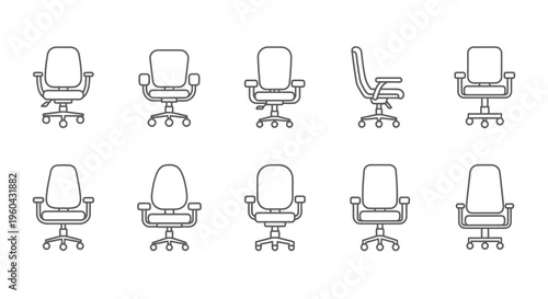 Collection of office chairs in various styles outlined in black and white