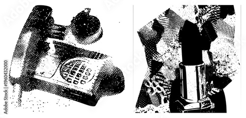 Retro rotary telephone with dial and handset, vintage lipstick with metallic tube, halftone vector art, isolated objects, classic beauty and communication tools.