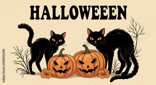 Halloween Black Cats and Jack-o-Lantern Pumpkins with Spooky Tree Branches