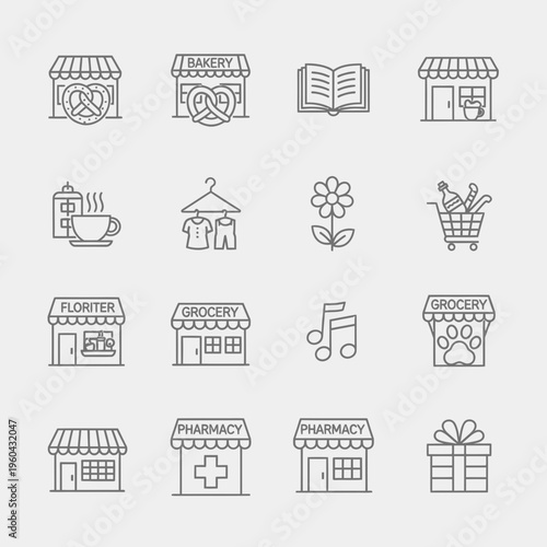Diverse collection of outline retail shop and commercial service icons, featuring various storefronts and shopping concepts for modern digital design projects