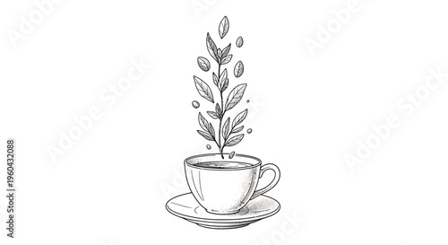 Hand-drawn illustration of tea leaves rising from a steaming teacup, symbolizing freshness and natural beverage.