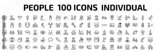 people outline icon set. 100 linear vector for ui, web and mobile. thin line perfect worker, postman working, beard and more icons.