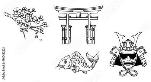 Japanese Culture Icons: Torii Gate, Samurai Helmet, Koi Fish, Cherry Blossoms