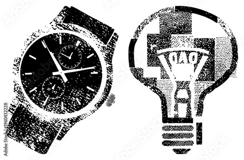 Analog watch and lightbulb rendered in halftone style, timekeeping symbol, innovation, graphic design element, vector illustration.