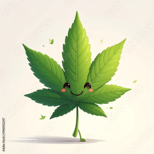 A smiling cartoon cannabis leaf with a face and legs