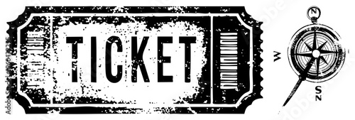 Grunge style ticket stub with distressed texture, compass rose with cardinal directions, retro travel symbols, isolated vector graphic, black and white illustration.