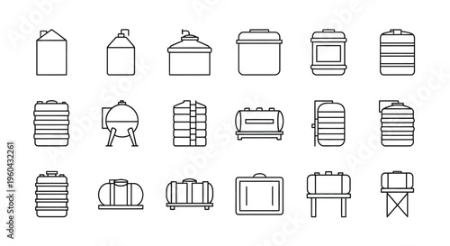 Collection of various industrial storage tank line icons in black and white