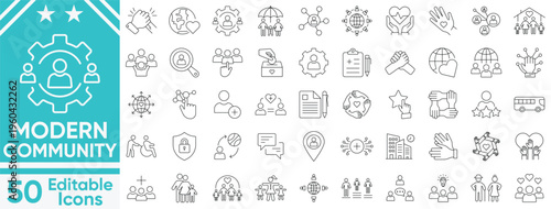 Modern Community line icon set. social network, teamwork, neighborhood, friendship, diversity, family, connection, inclusion and more. Vector and illustrator set.