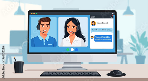 Online Customer Support Video Call: Agents Helping Clients via Computer
