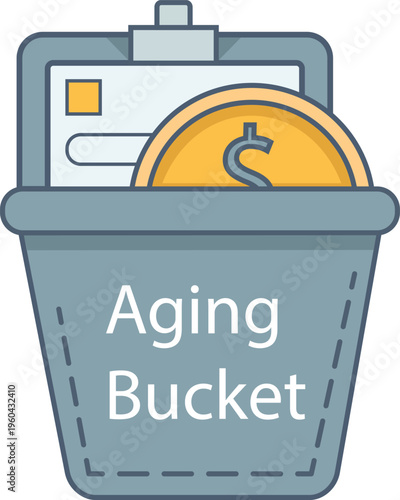 Aging Bucket financial vector, accounts receivable management concept, clipboard and dollar coin in a container for debt collection and accounting