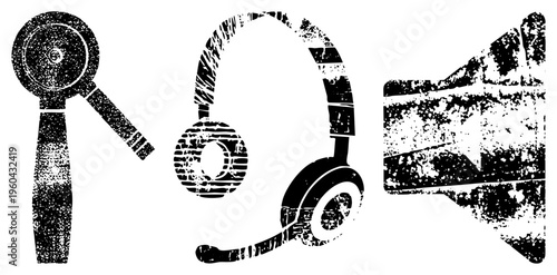 Retro microphone, headset, and speaker symbols rendered in gritty halftone, ideal for branding or retro tech interfaces.