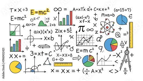 Mathematical Universe: A vibrant display of equations, charts, and diagrams encapsulates the beauty and complexity of mathematics, embodying the boundless realm of scientific discovery.