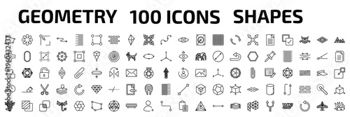 geometry outline icon set. 100 linear vector for ui, web and mobile. thin line distort, asterisk, edit corner and more icons.