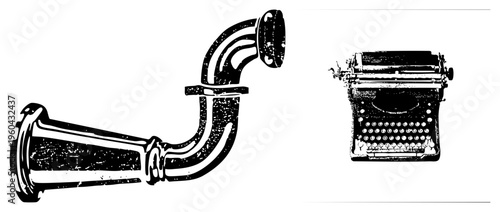 Antique gramophone horn and classic typewriter rendered in bold black and white vector style, vintage aesthetic, retro design, illustration.