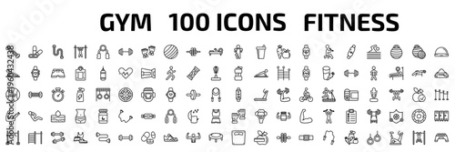 gym and fitness outline icon set. 100 linear vector for ui, web and mobile. thin line arms extender, press simulator, chest expanders and more icons.