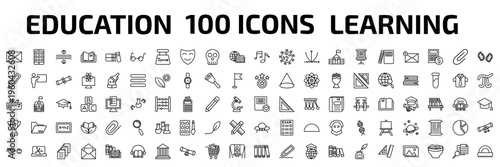 education outline icon set. 100 linear vector for ui, web and mobile. thin line closed envelope, smartphone app, archimedes principle and more icons.