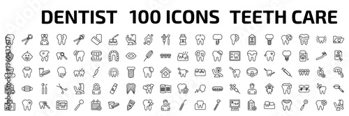 dentist outline icon set. 100 linear vector for ui, web and mobile. thin line cavity, tooth pliers, male nurse and more icons.