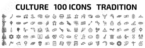 culture outline icon set. 100 linear vector for ui, web and mobile. thin line crema catalana, scimitar, imperial carp and more icons.
