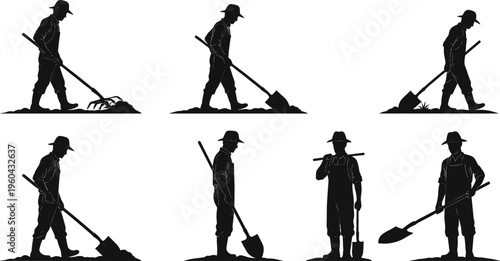 Farmer silhouette, digging worker, farming tools, manual labor, agriculture job, shovel hoe, rural work, traditional occupation