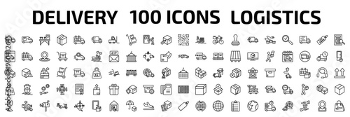 delivery and logistic outline icon set. 100 linear vector for ui, web and mobile. thin line delivery, cargo bus, delivery x ray and more icons.