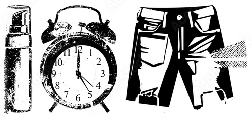 Retro alarm clock with bells, spray bottle with nozzle, ripped jeans with pockets, halftone texture, isolated vector, flat design, fashion and time symbols.