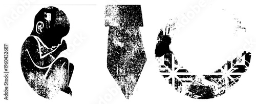 Grunge style vector fetal silhouette, necktie, snowflake wreath., textured, minimalist, isolated graphic elements.