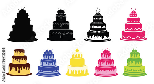 Collection of colorful and silhouette tiered wedding cakes a sweet display