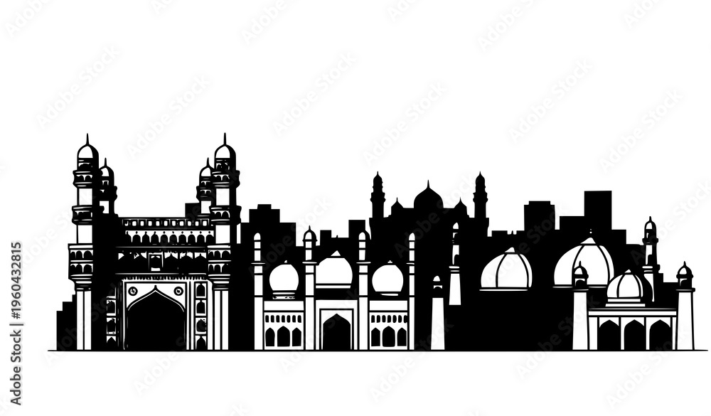 Fototapeta premium Hyderabad city skyline vector with historical architecture and landmark silhouettes