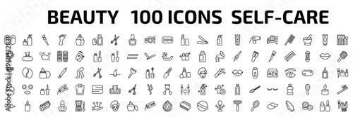 beauty outline icon set. 100 linear vector for ui, web and mobile. thin line two flip flops, skincare, makeup brush and more icons.