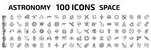 astronomy outline icon set. 100 linear vector for ui, web and mobile. thin line space gun, radar pointing up, extraterrestial head and more icons.
