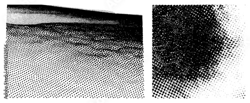 Vector halftone forming gradients, density variations, and tonal transitions using dot matrices, ideal for graphic design and print applications.