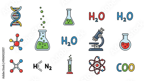 Science Icons: A collection of vibrant science icons, showcasing key elements and apparatus for educational or illustrative purposes.