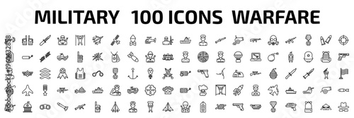 army and war outline icon set. 100 linear vector for ui, web and mobile. thin line gun shooting, two way radio, military knife and more icons.