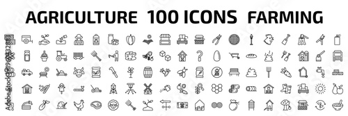 agriculture farming outline icon set. 100 linear vector for ui, web and mobile. thin line bale, trailer, planting and more icons.