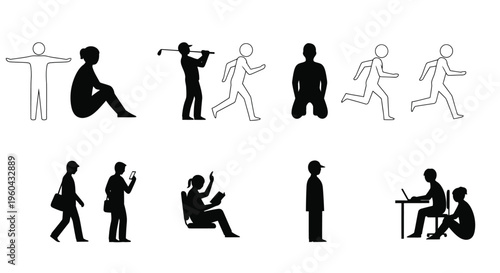 Simple black and white stick figure illustrations depicting various human activities