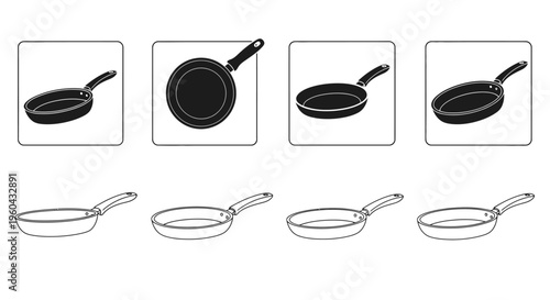 A collection of black and white frying pan illustrations in different views