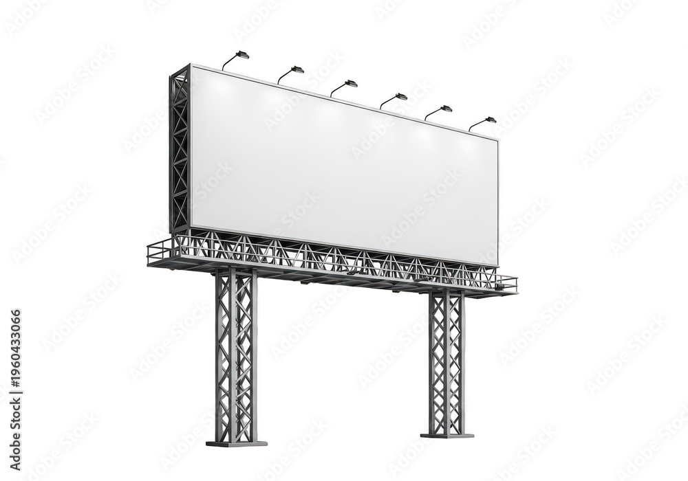 Obraz premium Large blank rectangular billboard structure with metal support beams and overhead lighting lamps