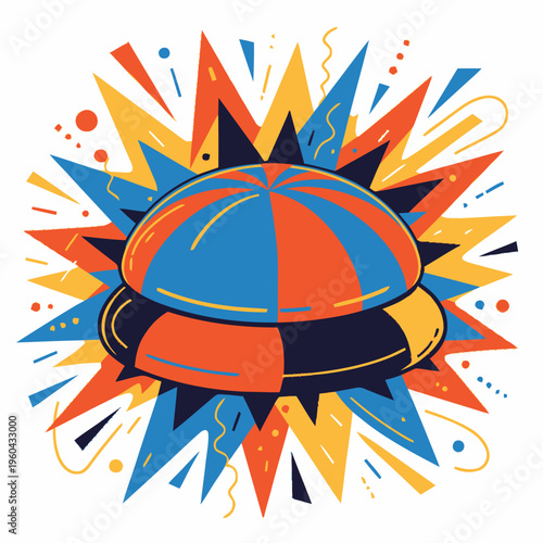 Vibrant illustration of a colorful, striped, round, bouncy toy with a radiating burst of energy and abstract shapes in yellow, orange, and blue, perfect for playful designs
