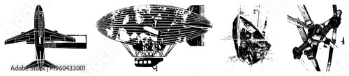Stylized zeppelin and airplane vector illustrations, classic aviation, black ink, aviation history, retro travel graphics.